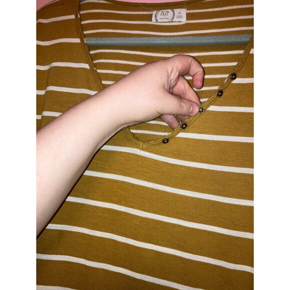 Maurices 24/7 Mustard White Stripe Long Sleeve Henley Top XL - Picture 2 of 6